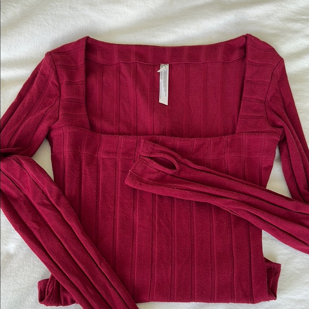 Red Ribbed Square Neck Bodysuit with Long Sleeves